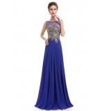 Синее длинное вечернее платье с кристаллами на сетке