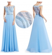 Вечернее нежно-голубое платье с украшением и вышивкой