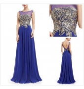 Синее длинное вечернее платье с вышивкой на сетке