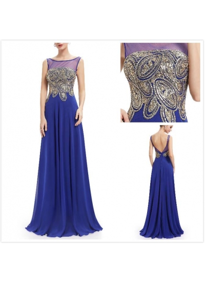 Синее длинное вечернее платье с кристаллами на сетке