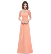 Длинное платье с кружевными рукавами-нежный персик