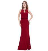 Вечернее бордовое платье с разрезом, украшенное бисером