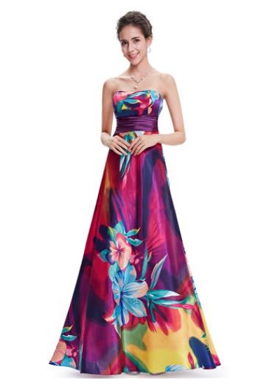 Разноцветное атласное платье без бретелек