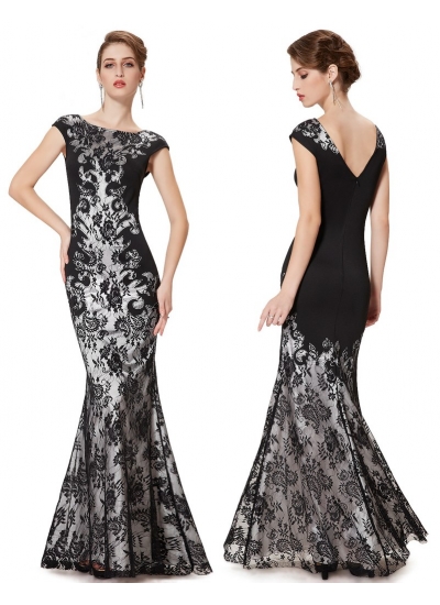 Длинное черно-белое платье из кружева и атласа