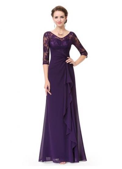Фиолетовое длинное платье с кружевными рукавами