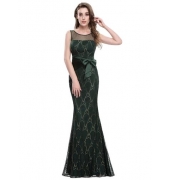 Темно-зеленое кружевное платье с атласным бантом на талии 