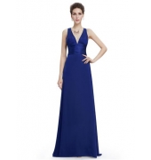 Синее вечернее платье с V-образным вырезом 