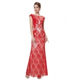 Длинное красно-белое платье из кружева и атласа